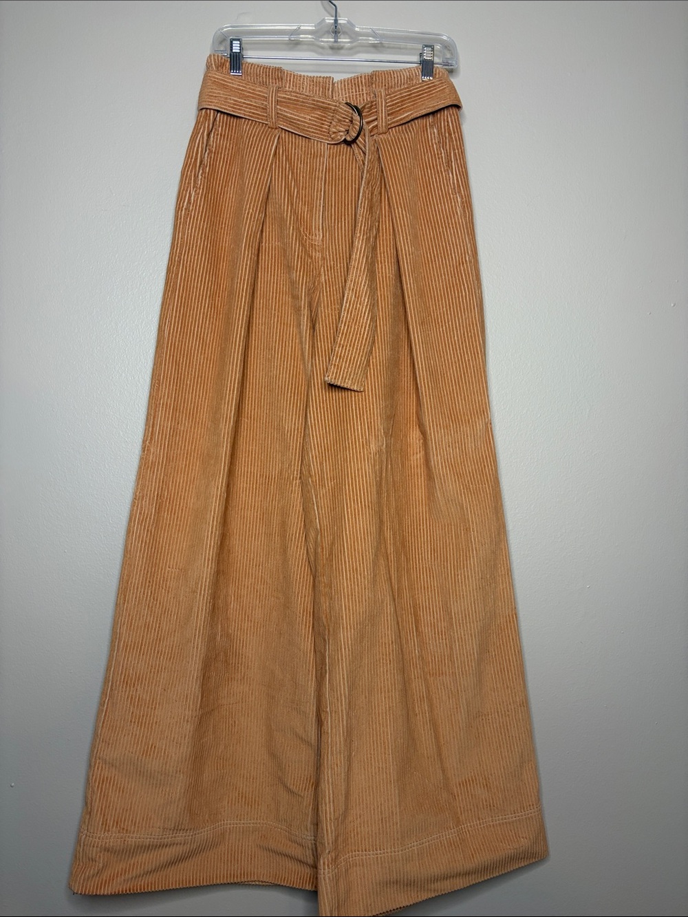 Ulla Johnson Rhodes Corduroy Wide Leg Pleated Belted Pants Size  4 Tan Peach